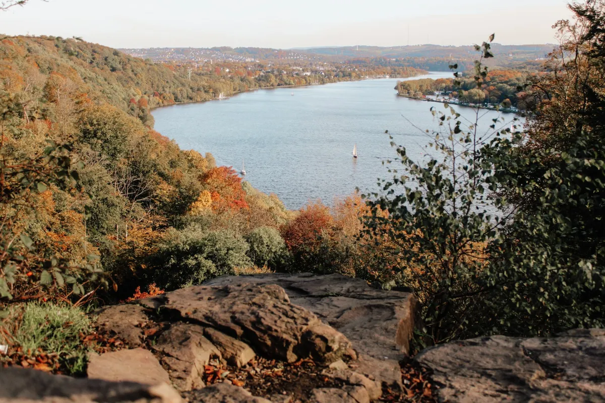 Blick von oben auf den Baldeneysee im Herbst