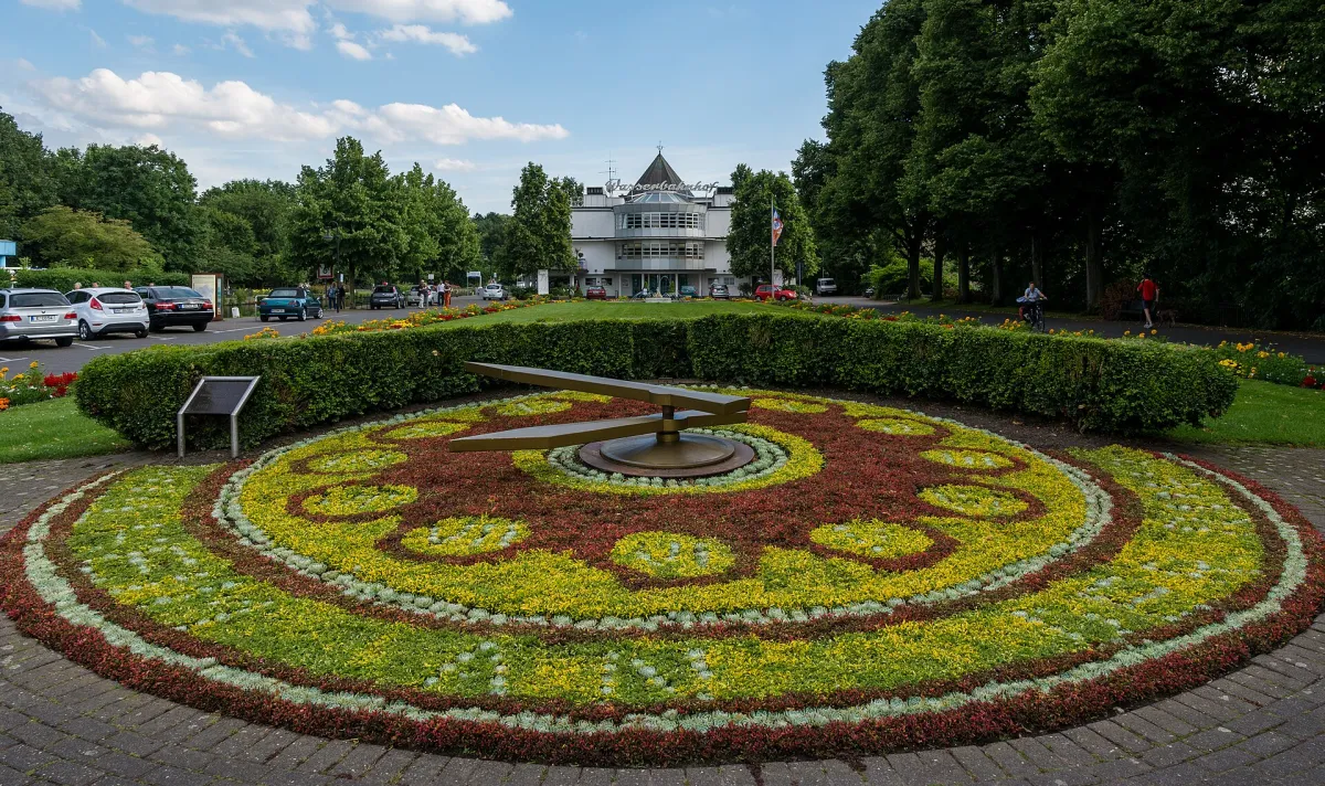 Wasserbahnhof auf der Schleuseninsel in Mülheim, davor die Blumenuhr